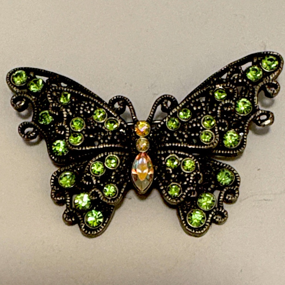 Vintage Czech Green Crystal Filigree Butterfly Brooch